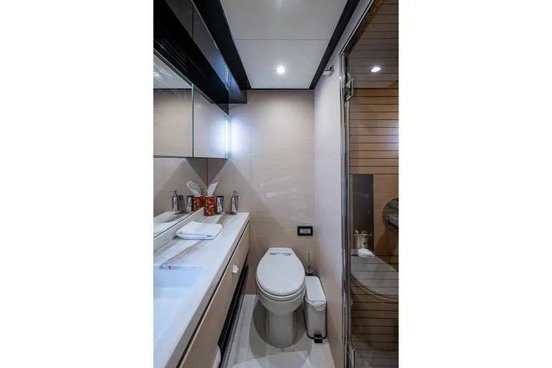 Slide: The Image of Luxurious bathroom in 2017 Azimut 80 yacht with modern fixtures and elegant design. - 104