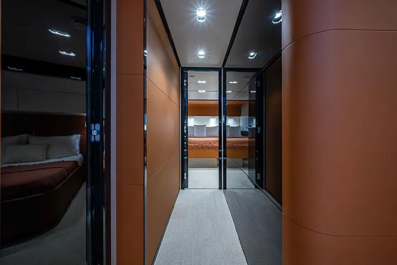 Slide: The Image of Luxurious interior hallway of 2017 Azimut 80 yacht, featuring modern design and ambient lighting. - 68