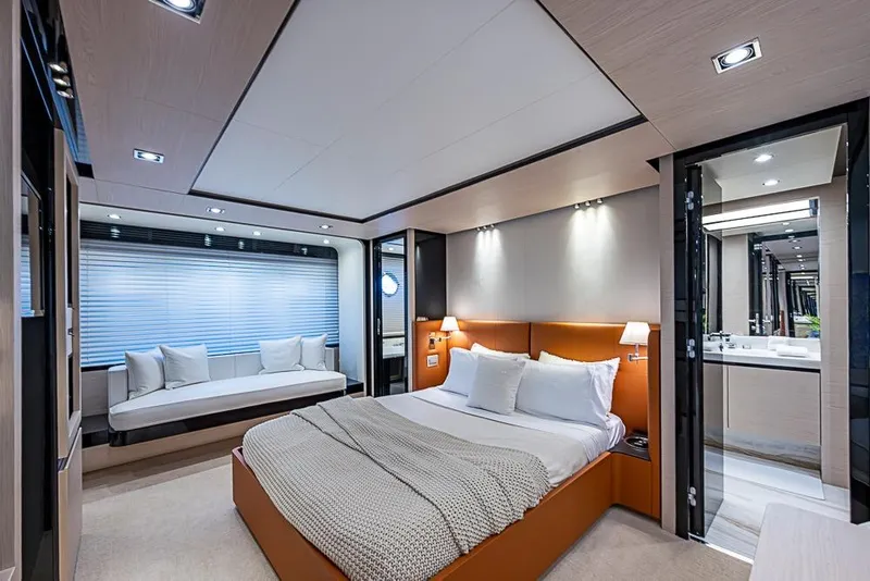 Slide: The Image of Luxurious bedroom interior of 2017 Azimut 80 yacht with modern design and elegant furnishings. - 75
