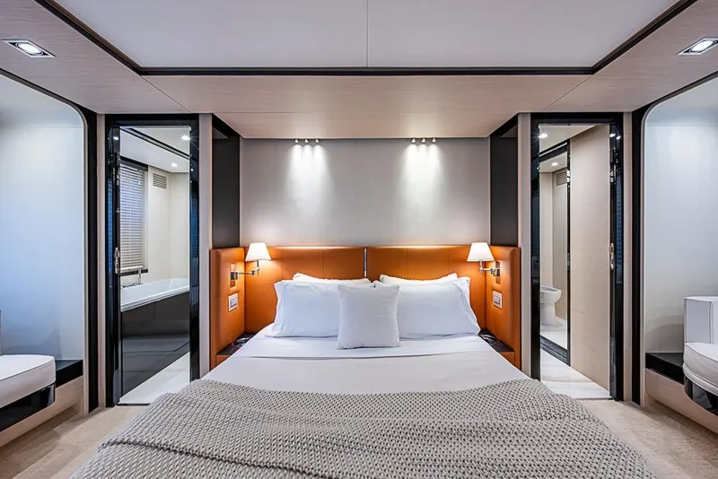 Slide: The Image of Luxurious bedroom interior of 2017 Azimut 80 yacht with modern design and cozy ambiance. - 83