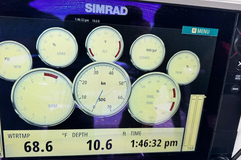 Slide: The Image of Simrad marine display showing gauges on a 2005 Glacier Bay 260 Canyon Runner. - 12