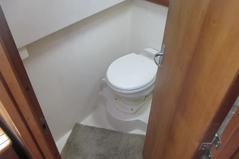 Slide: The Image of 2005 Mainship Pilot 34 Sedan bathroom with white toilet and wooden door. - 32