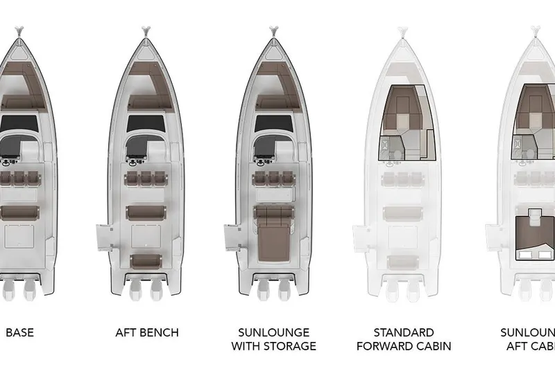 Slide: The Image of Cruisers Yachts 38 VTR 2026 layout options: base, aft bench, sunlounge, forward and aft cabins. - 16