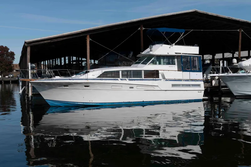 The Image of 1974 Bertram 46.6 yacht docked in marina, reflecting on calm water. - 0