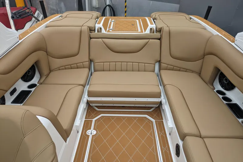 Slide: The Image of Luxurious interior of 2026 MB F22 Tomcat Alpha boat with tan leather seating. - 9