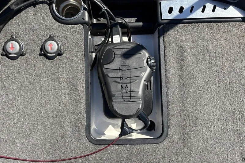 Slide: The Image of Foot pedal control on 2018 Triton 20 TrX Patriot boat deck. - 10