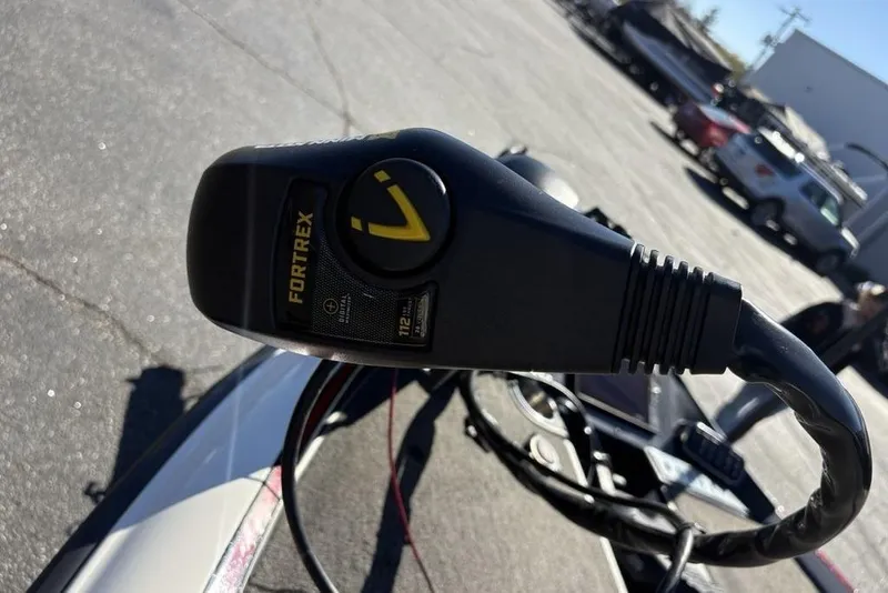 Slide: The Image of Close-up of Fortrex trolling motor on 2018 Triton 20 TrX Patriot boat. - 16