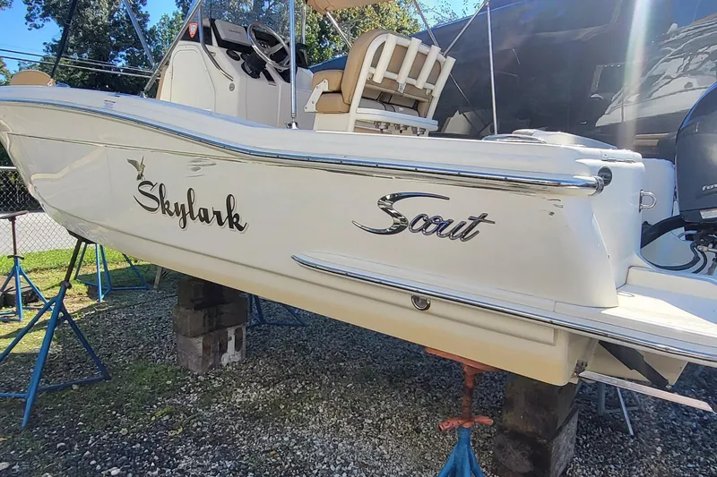 Slide: The Image of 2017 Scout 215 XSF boat named Skylark on stands, side view. - 1