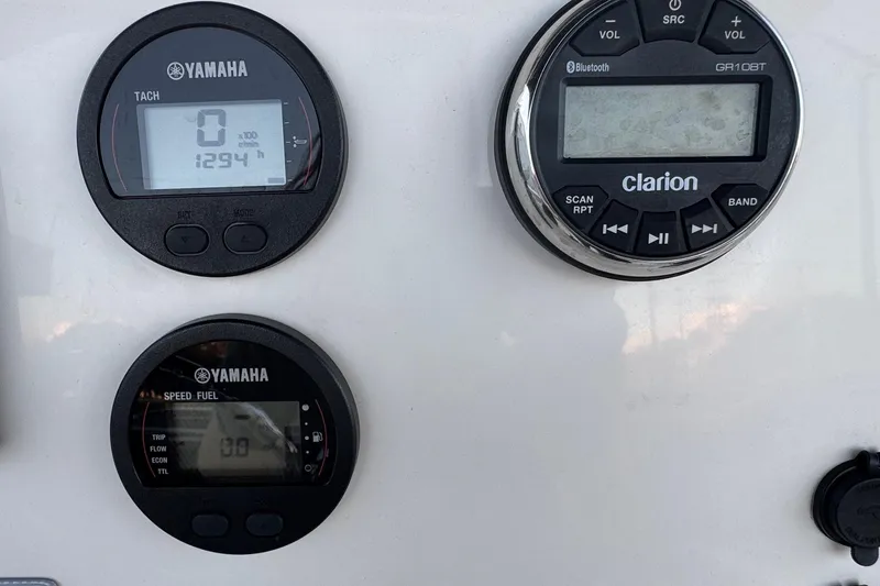 Slide: The Image of Dashboard of 2023 Key West 189 FS with Yamaha gauges and Clarion audio system. - 10