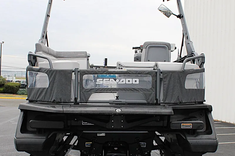Slide: The Image of 2023 Sea-Doo Switch Cruise 21, rear view, showcasing seating and design features. - 6