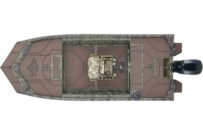 Slide: The Image of 2026 Tracker Grizzly 1860 CC boat with camouflage design and central console. - 8