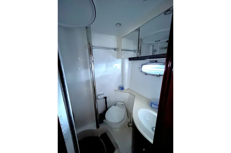 Slide: The Image of Bathroom interior of 2007 Fairline Targa 47 GT yacht, featuring modern fixtures and compact design. - 40