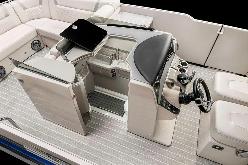 Slide: The Image of 2018 Harris V270 boat with blue exterior and modern interior design. - 2