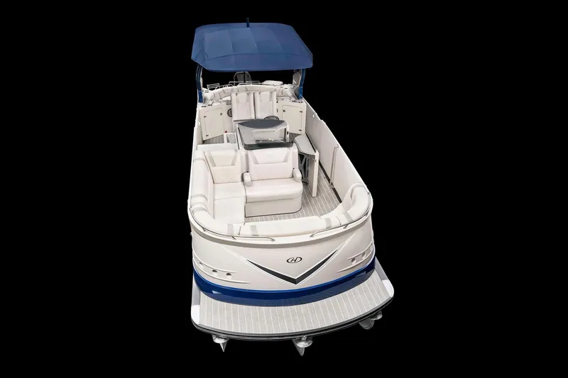 Slide: The Image of Manufacturer Provided Image: 2018 Harris V270 pontoon boat cruising on water. - 3