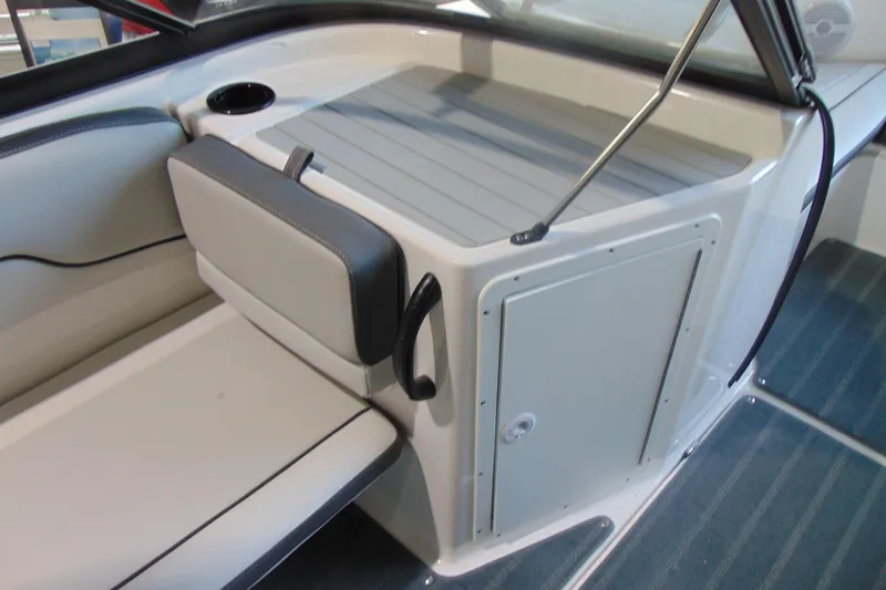 Slide: The Image of 2026 Yamaha AR190 boat interior with cushioned seating and storage compartment. - 14