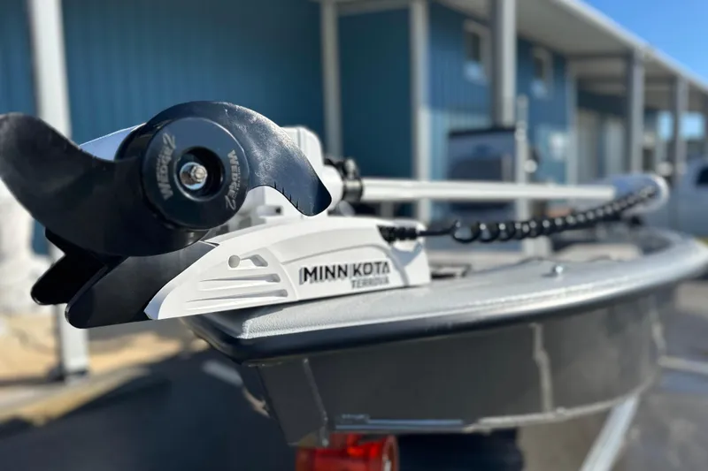 Slide: The Image of Close-up of Minn Kota Terrova motor on 2026 Avid 21 FSX boat. - 22