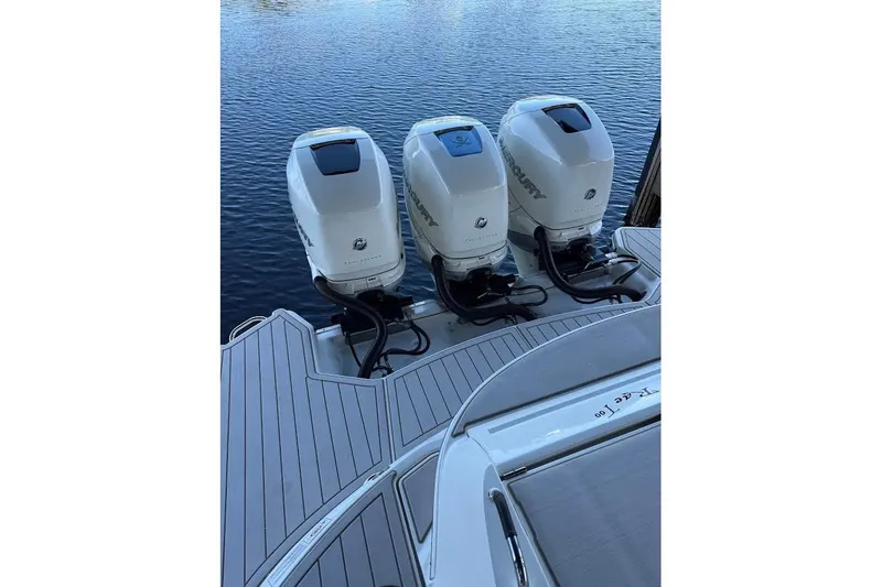 Slide: The Image of 2018 Sae Ray 38SLV OB boat with triple Mercury outboard engines on water. - 15