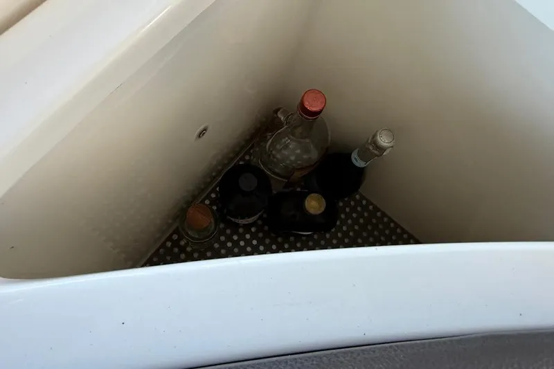 Slide: The Image of Cooler with assorted bottles inside a 2018 Sae Ray 38SLV OB boat. - 42
