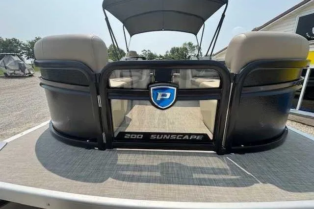 Slide: The Image of 2025 Premier 200 Sunscape pontoon boat with canopy, rear view. - 3