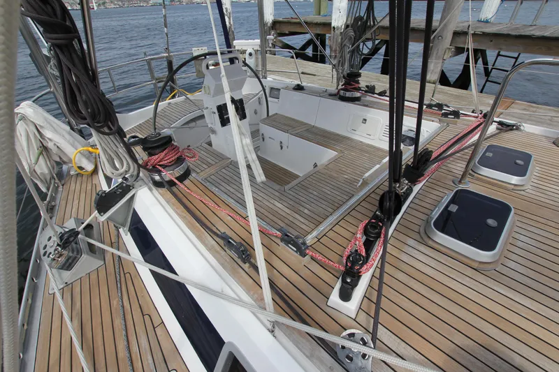 Slide: The Image of Cockpit of 1989 Nautor Swan 53 sailboat with teak decking and rigging details. - 14