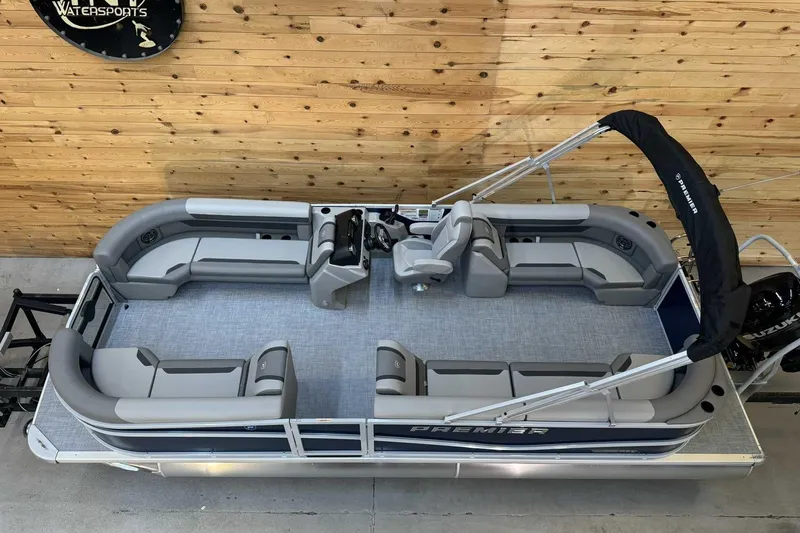 Slide: The Image of 2025 Premier Sunscape 220 RF XLC pontoon boat with spacious seating and modern design. - 13