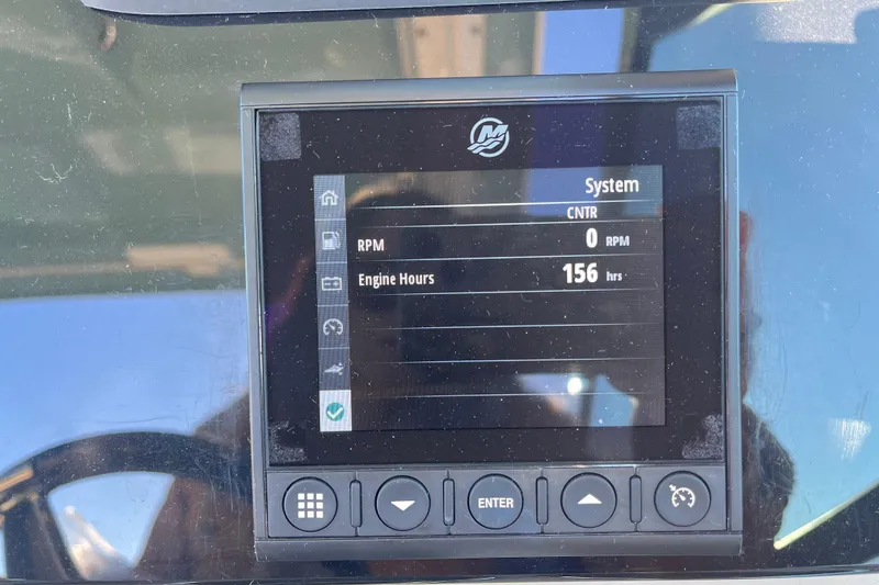 Slide: The Image of Display screen of 2021 Boston Whaler 240 Vantage showing 156 engine hours. - 12
