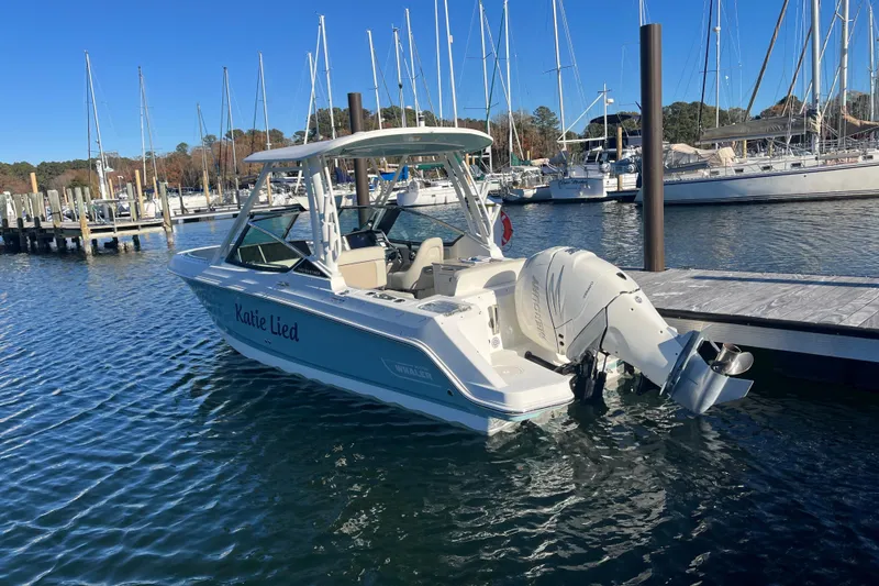 Slide: The Image of 2021 Boston Whaler 240 Vantage boat docked in a marina with clear blue water. - 26