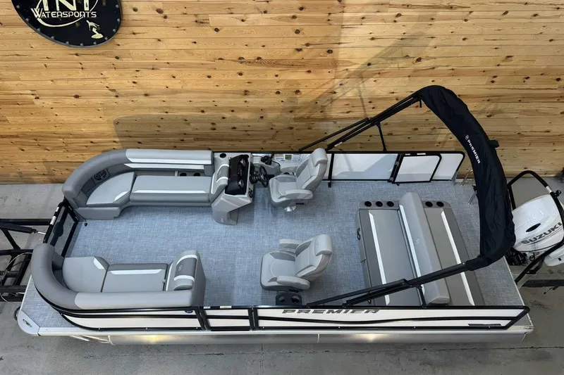 Slide: The Image of 2025 Premier Sunscape 220 RL pontoon boat with spacious seating and modern design. - 12