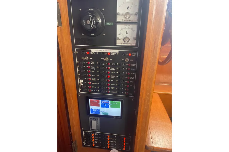 Slide: The Image of Electrical control panel on a 1985 Ocean Alexander 38 Double Cabin yacht. - 12