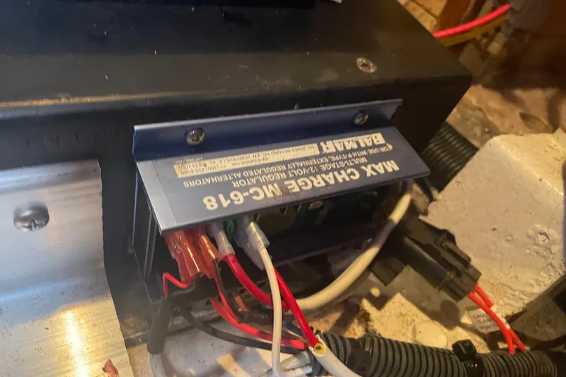 Slide: The Image of Battery charger in 1985 Ocean Alexander 38 Double Cabin boat engine room. - 27