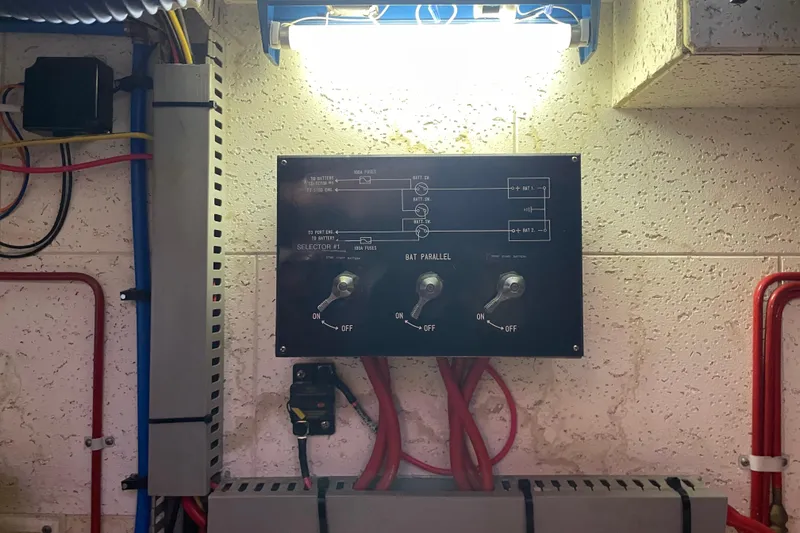 Slide: The Image of Electrical panel on 1985 Ocean Alexander 38 Double Cabin boat, featuring switches and wiring. - 39