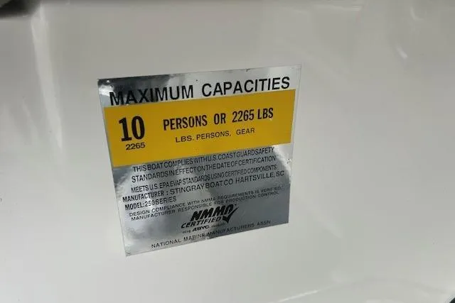 Slide: The Image of 2017 Stingray 250 CR capacity label: 10 persons or 2265 lbs maximum load. - 9