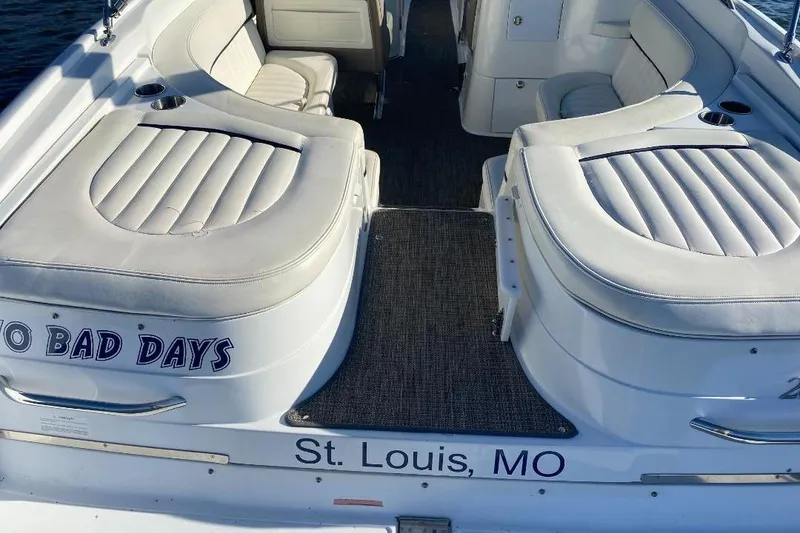 Slide: The Image of 2002 Cobalt 282 boat interior with white seating, "No Bad Days" text, St. Louis, MO. - 7