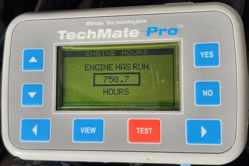 Slide: The Image of TechMate Pro engine hour meter displaying 750.7 hours for 2010 Sunsation 288 MID-CABIN - OPEN BOW. - 112