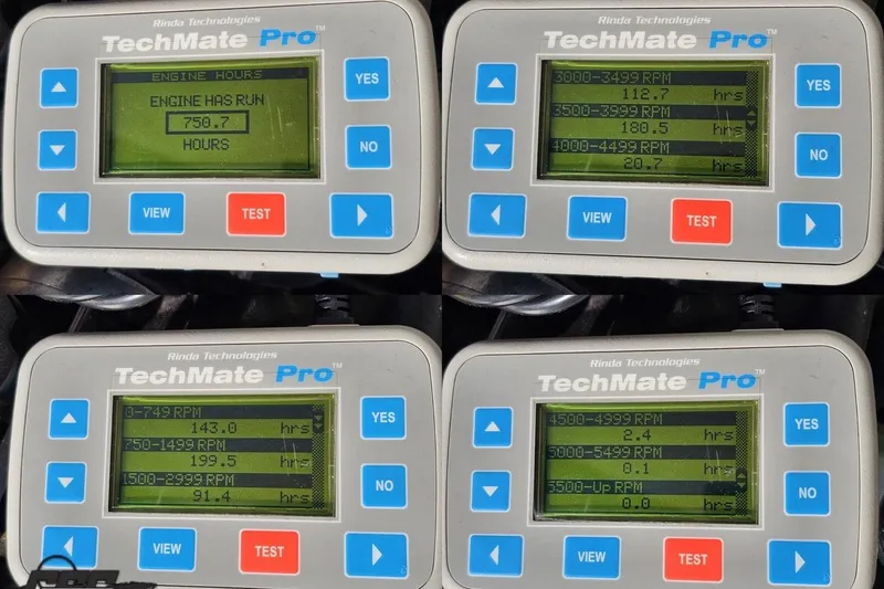 Slide: The Image of TechMate Pro engine diagnostic display showing RPM and engine hours for 2010 Sunsation 288 MID-CABIN. - 113
