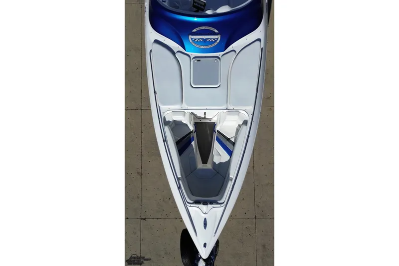 Slide: The Image of Overhead view of 2010 Sunsation 288 MID-CABIN - OPEN BOW boat, featuring sleek design and blue accents. - 41