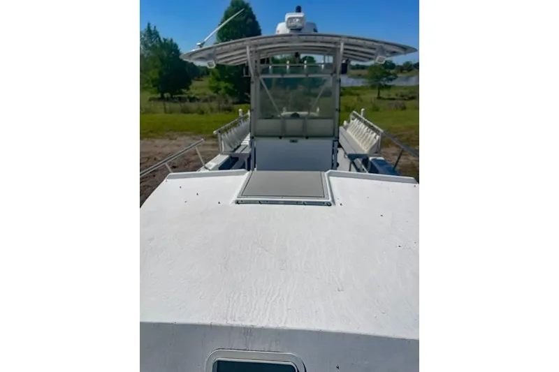 Slide: The Image of Newton 31 Dive Special 2014 boat with spacious deck and canopy, set in a scenic outdoor location. - 14