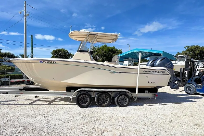 Slide: The Image of 2015 Grady-White Fisherman 257 boat on trailer, parked outdoors under clear sky. - 4