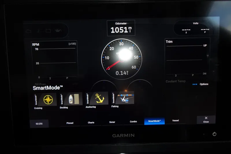Slide: The Image of Garmin display on 2022 Jeanneau Merry Fisher 895 Offshore, showing SmartMode and odometer. - 85