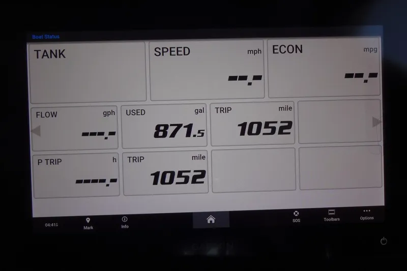 Slide: The Image of Dashboard display of Jeanneau Merry Fisher 895 Offshore, showing fuel usage and trip data. - 91