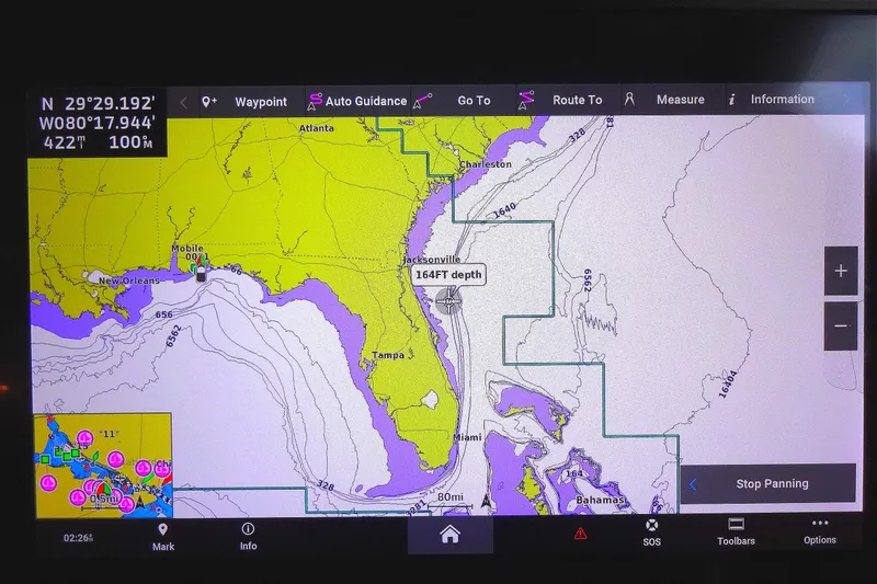Slide: The Image of Navigation screen on Jeanneau Merry Fisher 895 Offshore, showing Gulf of Mexico and Atlantic coast. - 96