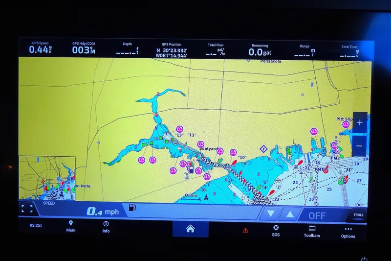 Slide: The Image of Navigation display on Jeanneau Merry Fisher 895 Offshore, 2022 model, showing GPS and map details. - 97