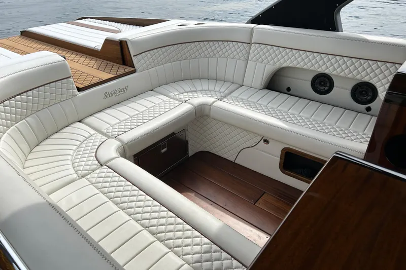 Slide: The Image of Luxurious 2019 StanCraft 380 Hammerhead boat interior with quilted white leather seating. - 6