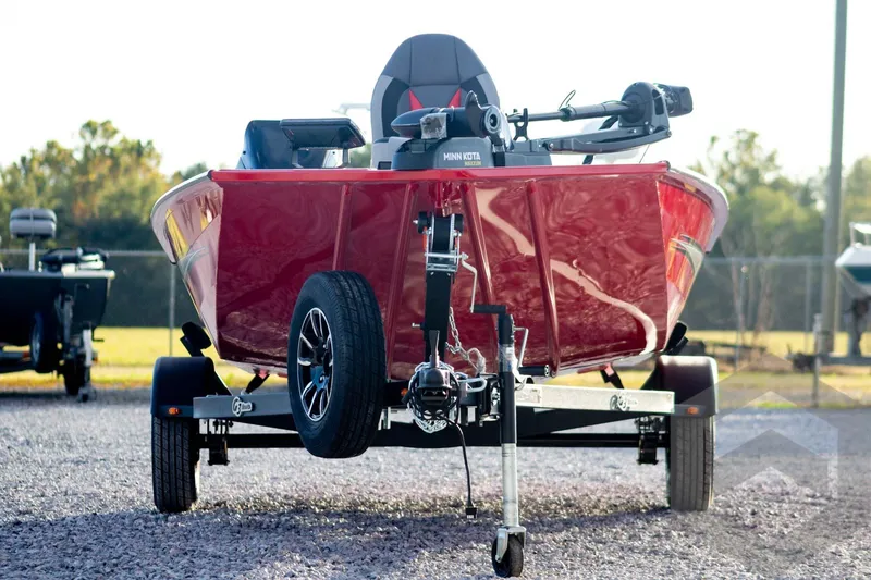 Slide: The Image of 2026 G3 Sportsman 1710 SE boat on trailer, vibrant red finish. - 2