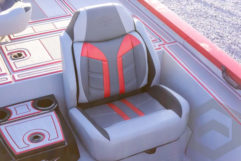 Slide: The Image of 2026 G3 Sportsman 1710 SE boat seat with red and gray design. - 42