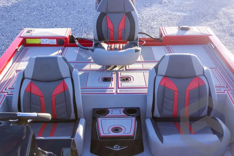 Slide: The Image of 2026 G3 Sportsman 1710 SE boat interior with stylish red and gray seating. - 43