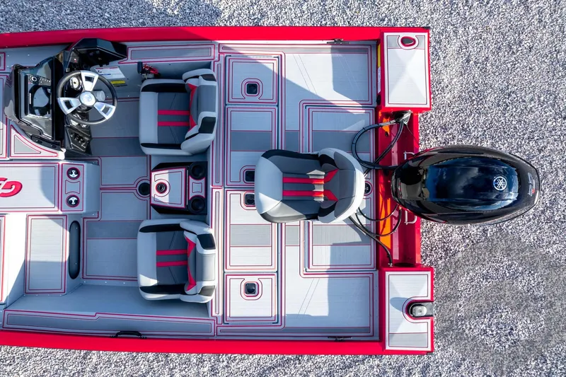 Slide: The Image of 2026 G3 Sportsman 1710 SE boat, top view, red and gray interior, Yamaha engine. - 52