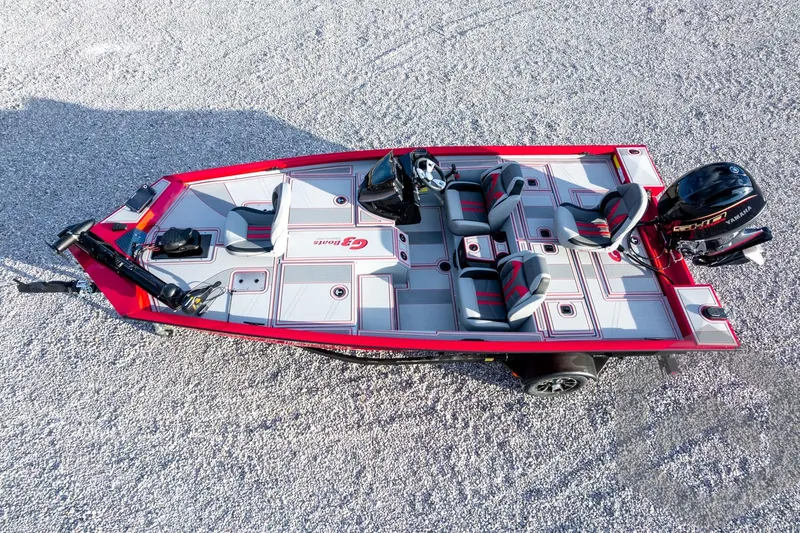 Slide: The Image of 2026 G3 Sportsman 1710 SE fishing boat, aerial view, red and gray design, Yamaha motor. - 54