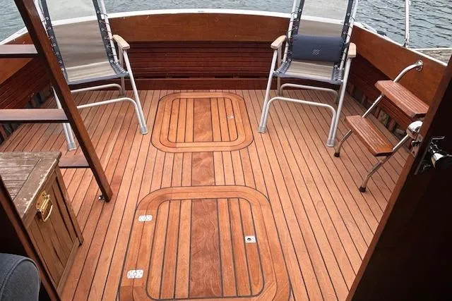 Slide: The Image of 1964 Pacemaker 36 Sportfisherman docked at marina, view from helm. - 14