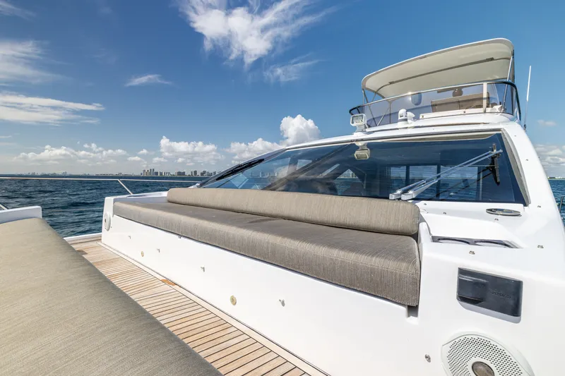 Slide: The Image of 2021 Azimut S6 Sportfly yacht deck with sun loungers on open sea. - 132